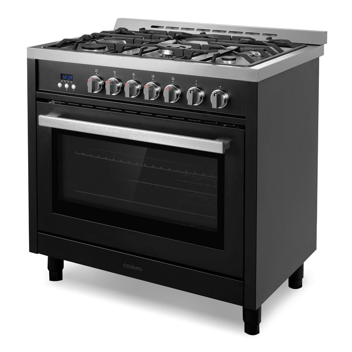 Cosmo 36 Inch Nebula Collection 3.8 Cu. Ft. Gas Matte Black Range with 5 Burners, Rapid Convection Ovena and Cast Iron Grates - COS-965AGFC-BKS Side