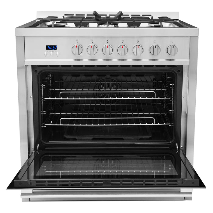 Cosmo 36 Inch Professional Style 3.8 Cu. Ft. Single Oven Gas Stainless Steel Range with 5 Burner Cooktop and Heavy Duty Cast Iron Grates - COS-965AGC Open