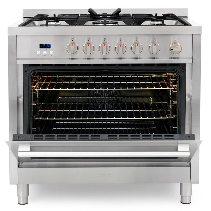Cosmo 36 Inch Professional Style 3.8 Cu. Ft. Single Oven Gas Stainless Steel Range with 5 Burner Cooktop and Heavy Duty Cast Iron Grates - COS-965AGFC Open