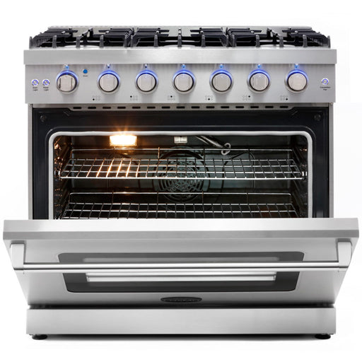Cosmo 36 Inch Professional Style 6.0 Cu. Ft. Gas Stainless Steel Range with Convection Oven with Storage Drawer - COS-EPGR366 Open