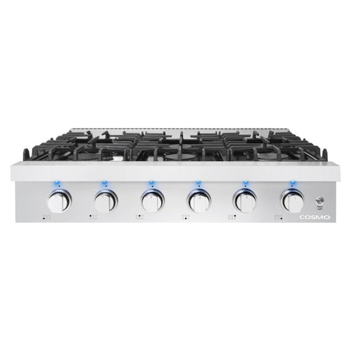 Cosmo 36 Inch Slide-In Counter Gas Stainless Steel Cooktop with 6 Sealed Italian Burners, Black Porcelain Surface, Cast Iron Grates and Metal Knobs - COS-GRT366 Front