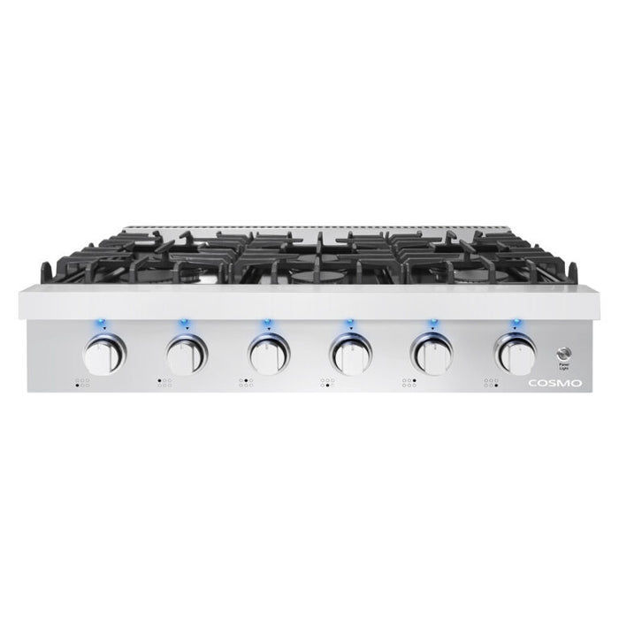Cosmo 36 Inch Slide-In Counter Gas Stainless Steel Cooktop with 6 Sealed Italian Burners, Black Porcelain Surface, Cast Iron Grates and Metal Knobs - COS-GRT366 Front