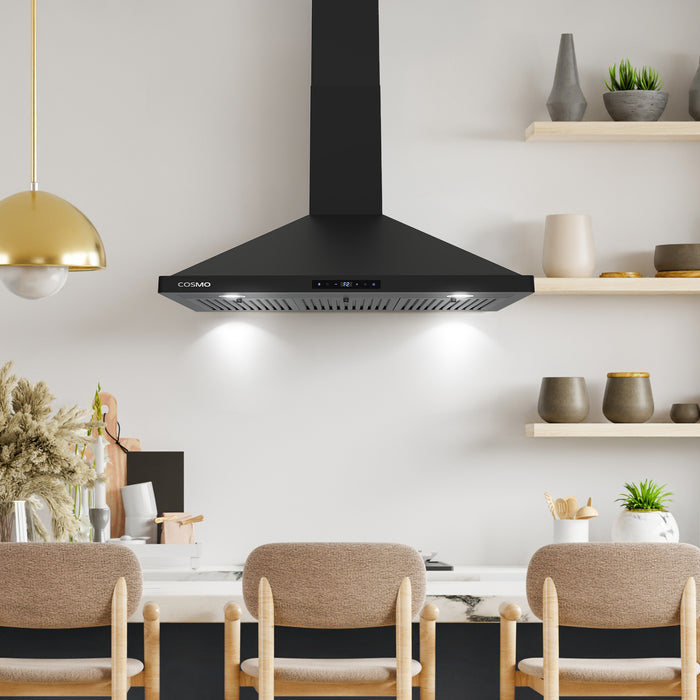 Cosmo 36 Inch Vista Collection 380 CFM Ducted Wall Mount Matte Black Range Hood with Touch Controls and LED Lights - COS-63190S-BK Attached