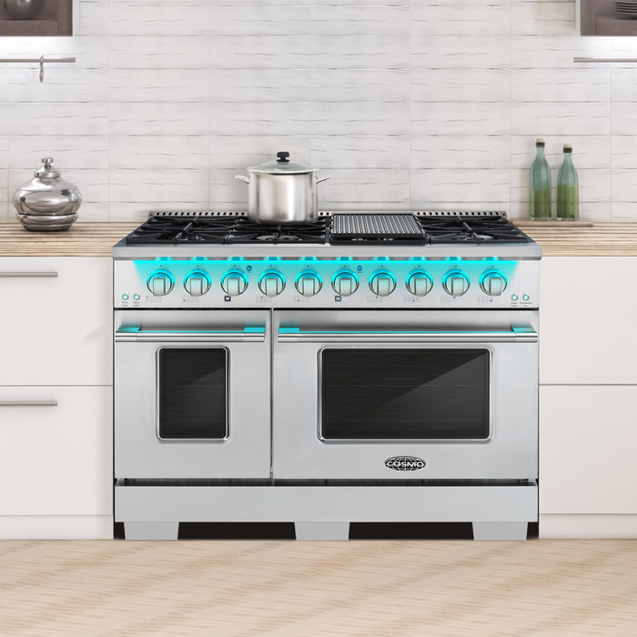 Cosmo 48 Inch Commercial Style 5.5 Cu. Ft. Double Oven Gas Stainless Steel Range with 8 Italian Burners and Heavy Duty Cast Iron Grates - COS-GRP486G Attached