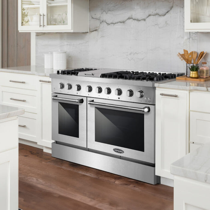 Cosmo 48 Inch Lumin Collection 6.7 Cu. Ft. Double Oven Dual Fuel Stainless Steel Range with 6 Sealed Burners and Rapid Convection - COS-DFRL486GK Atatched