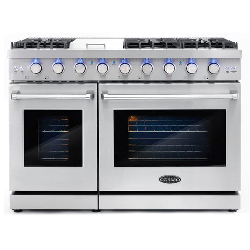 Cosmo 48 Inch Professional Style 6.8 Cu. Ft. Double Oven Gas Stainless Steel Range with Fan Assist Convection Oven and Storage Drawer - COS-EPGR486G Front