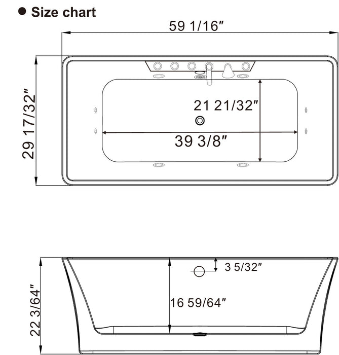 Empava 59 Inch Freestanding Rectangle Whirlpool Bathtub with Center Drain