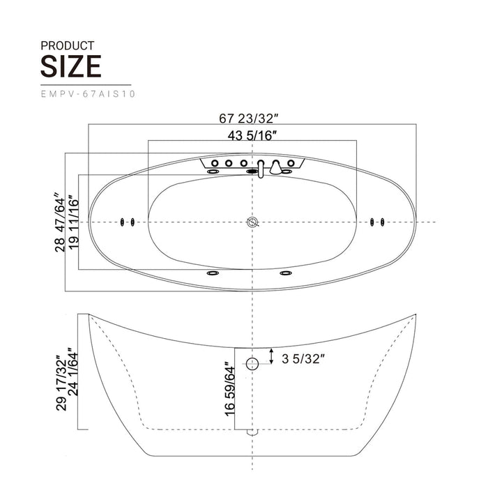 Empava 67 Inch Freestanding Boat-Shaped Whirlpool Bathtub with Center Drain