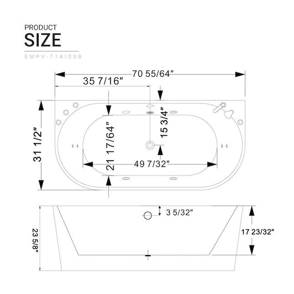Empava 71 Inch Freestanding Hydro Massage Whirlpool Bathtub with Center Drain