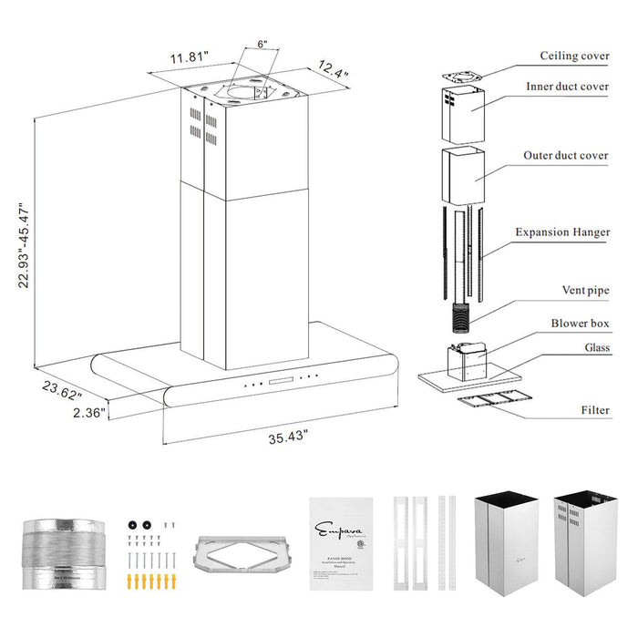Empava 36 Inch 400 CFM Island Ducted Range Hood