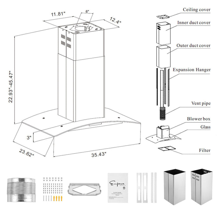 Empava 36 Inch 400 CFM Island Wall Mount Ducted Range Hood