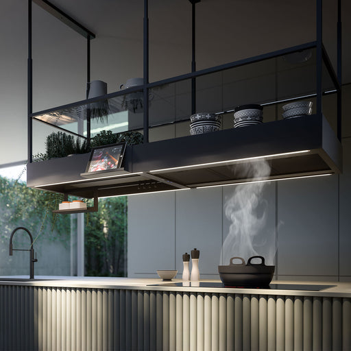 Falmec 70 Inch Spazio 350 CFM Island Mount Matte Black Hood Installed