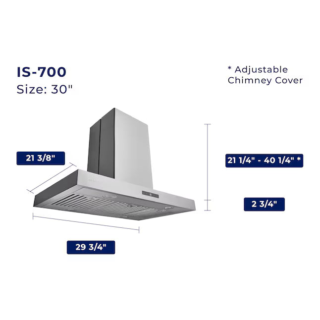 Hauslane 30 Inch Island T-Shaped Stainless Steel Range Hood Dimensions
