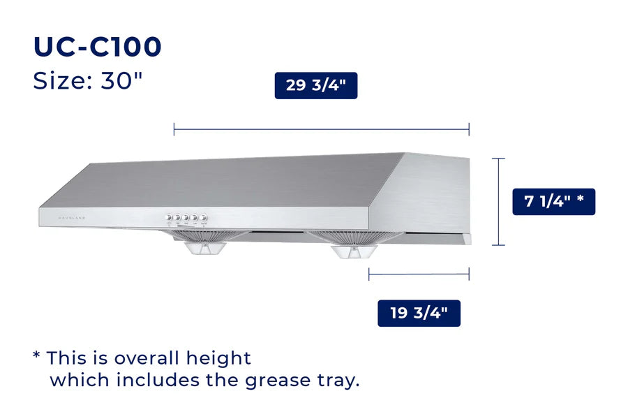 Hauslane 30 Inch Undercabinet Push Button Stainless Steel Range Hood with Grease Catchers Dimensions
