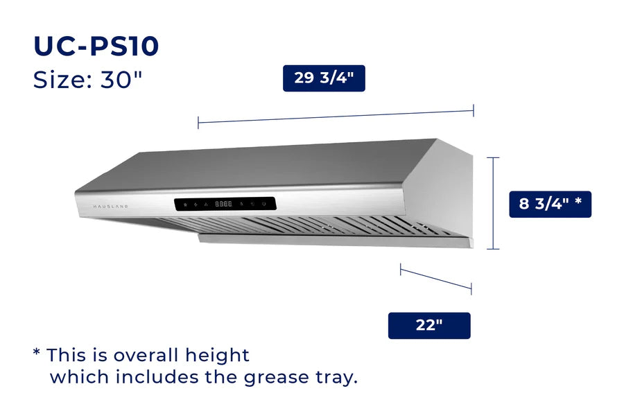 Hauslane 30 Inch Undercabinet Stainless Steel Range Hood with Stainless Steel Filters Dimensions