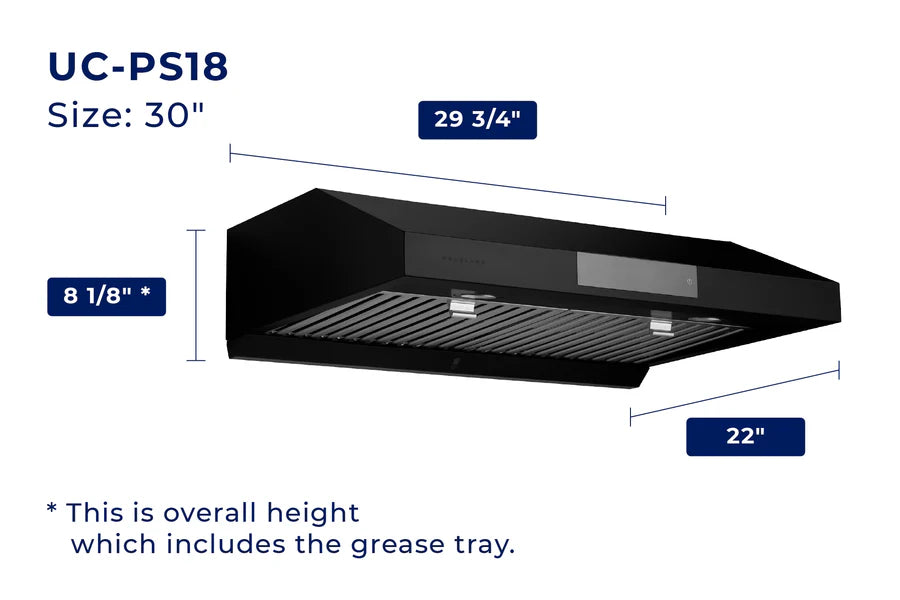 Hauslane 30 Inch Undercabinet Versa Vent Black Stainless Steel Range Hood with Stainless Steel Filters Dimensions