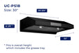 Hauslane 30 Inch Undercabinet Versa Vent Stainless Steel Range Hood with Stainless Steel Filters Dimensions