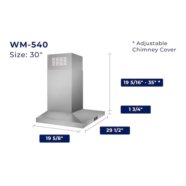 Hauslane 30 Inch Wall Mounted Low Profile Pyramid Style Stainless Steel Range Hood with Pro-Style Design Dimnensions