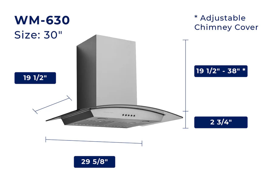 Hauslane 30 Inch Wall Mounted Stainless Steel Range Hood with Tempered Glass - WM-630 Dimensions
