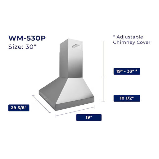 Hauslane 30 Inch Wall Mounted Stainless Steel Range Hood with Stainless Steel Filters Dimensions