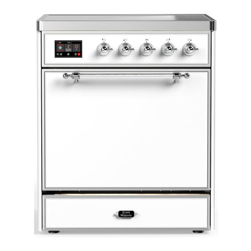 ILVE 30 Inch Majestic III White Induction with 4 Elements and 4 Cu. Ft. Oven Capacity in Solid Door Chrome