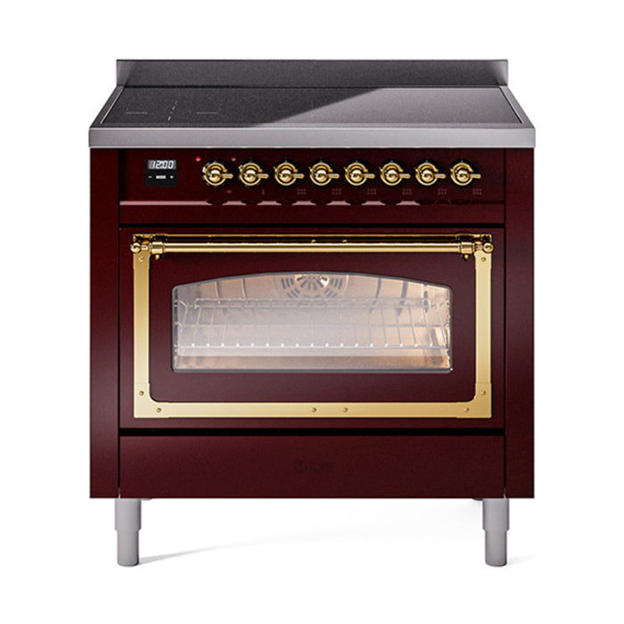 ILVE 36 Inch Nostalgie II Noblesse Freestanding Induction Range with 5 Elements, Griddle with Brass Trim Burgundy
