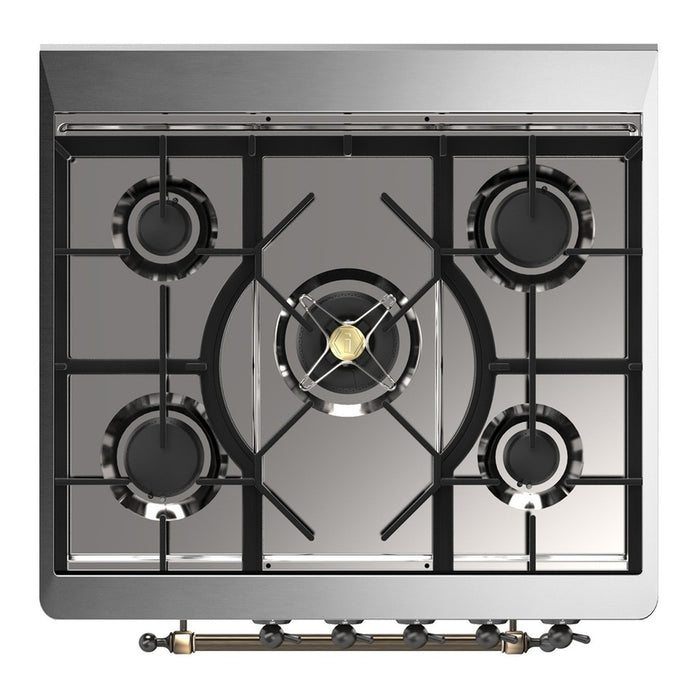 ILVE 30 Inch Majestic III Stainless Steel Dual Fuel Range with 5 Black Brass Burners, Dual Function Burner up to 25,000 BTU in Triple Glass Door Cooktop