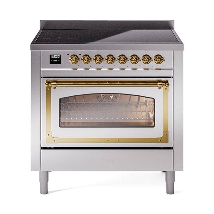 ILVE 36 Inch Nostalgie II Noblesse Freestanding Induction Range with 5 Elements, Griddle with Brass Trim Stainless Steel
