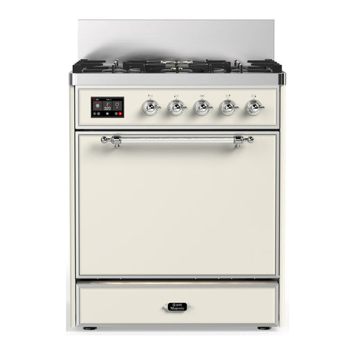 ILVE 30 Inch Majestic III Antique White Dual Fuel Range with 5 Black Brass Burners, Dual Function Burner up to 25,000 BTU in Solid Door Chrome