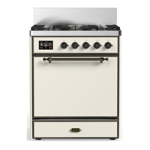 ILVE 30 Inch Majestic III Antique White Dual Fuel Range with 5 Black Brass Burners, Dual Function Burner up to 25,000 BTU in Solid Door Burnished