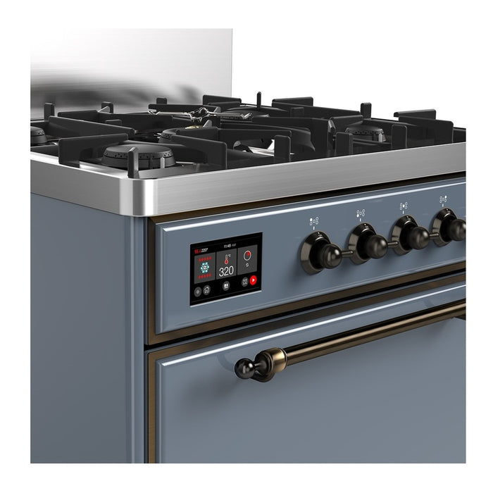 ILVE 30 Inch Majestic III Blue Grey Dual Fuel Range with 5 Black Brass Burners, Dual Function Burner up to 25,000 BTU in Solid Door Side