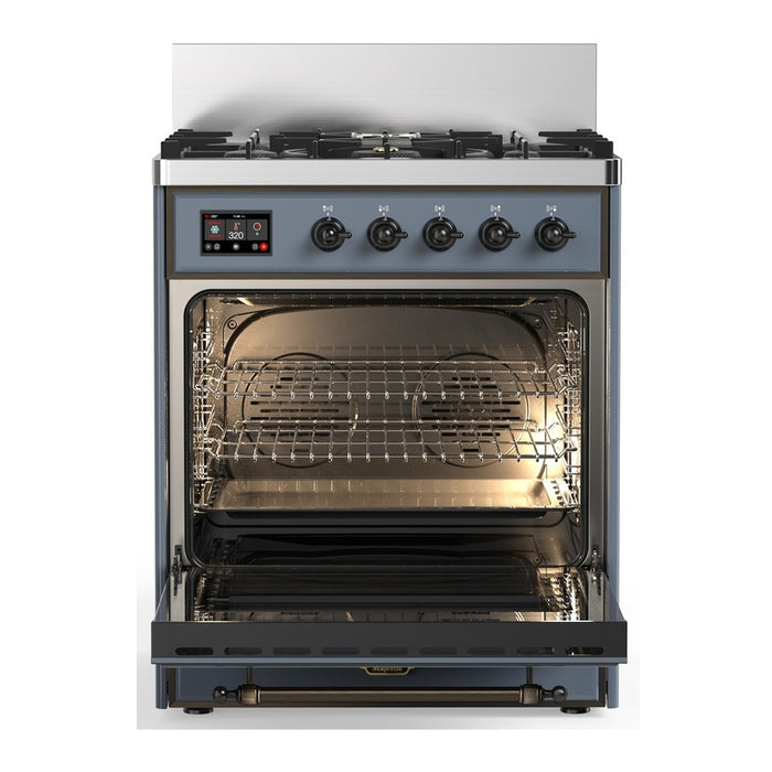 ILVE 30 Inch Majestic III Blue Grey Dual Fuel Range with 5 Black Brass Burners, Dual Function Burner up to 25,000 BTU in Solid Door Open