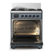 ILVE 30 Inch Majestic III Blue Grey Dual Fuel Range with 5 Black Brass Burners, Dual Function Burner up to 25,000 BTU in Solid Door Open