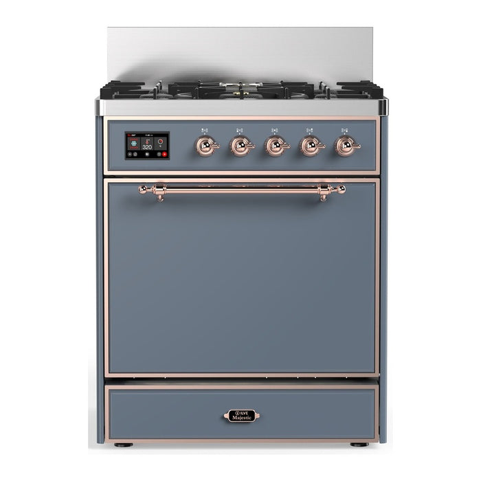 ILVE 30 Inch Majestic III Blue Grey Dual Fuel Range with 5 Black Brass Burners, Dual Function Burner up to 25,000 BTU in Solid Door Copper