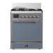 ILVE 30 Inch Majestic III Blue Grey Dual Fuel Range with 5 Black Brass Burners, Dual Function Burner up to 25,000 BTU in Solid Door Copper