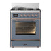 ILVE 30 Inch Majestic III Blue Grey Dual Fuel Range with 5 Black Brass Burners, Dual Function Burner up to 25,000 BTU in Triple Glass Door Copper