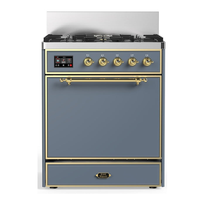 ILVE 30 Inch Majestic III Blue Grey Dual Fuel Range with 5 Black Brass Burners, Dual Function Burner up to 25,000 BTU in Solid Door Brass