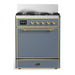 ILVE 30 Inch Majestic III Blue Grey Dual Fuel Range with 5 Black Brass Burners, Dual Function Burner up to 25,000 BTU in Solid Door Brass