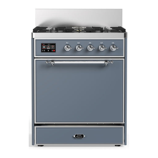 ILVE 30 Inch Majestic III Blue Grey Dual Fuel Range with 5 Black Brass Burners, Dual Function Burner up to 25,000 BTU in Solid Door Chrome