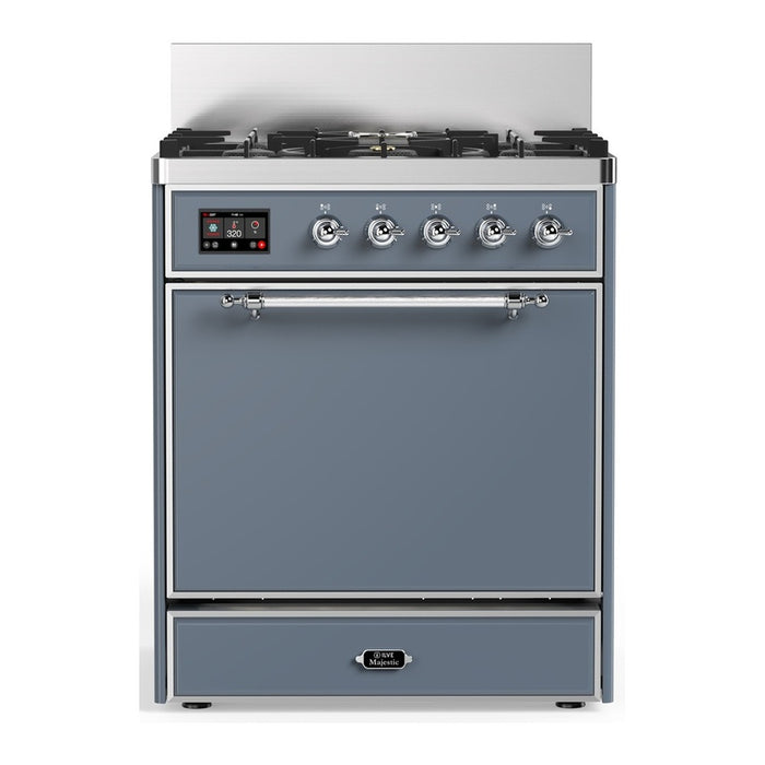 ILVE 30 Inch Majestic III Blue Grey Dual Fuel Range with 5 Black Brass Burners, Dual Function Burner up to 25,000 BTU in Solid Door Chrome