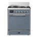 ILVE 30 Inch Majestic III Blue Grey Dual Fuel Range with 5 Black Brass Burners, Dual Function Burner up to 25,000 BTU in Solid Door Chrome
