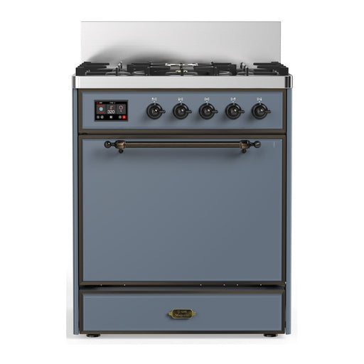 ILVE 30 Inch Majestic III Blue Grey Dual Fuel Range with 5 Black Brass Burners, Dual Function Burner up to 25,000 BTU in Solid Door Burnished