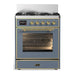 ILVE 30 Inch Majestic III Blue Grey Dual Fuel Range with 5 Black Brass Burners, Dual Function Burner up to 25,000 BTU in Triple Glass Door Brass
