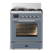 ILVE 30 Inch Majestic III Blue Grey Dual Fuel Range with 5 Black Brass Burners, Dual Function Burner up to 25,000 BTU in Triple Glass Door Chrome