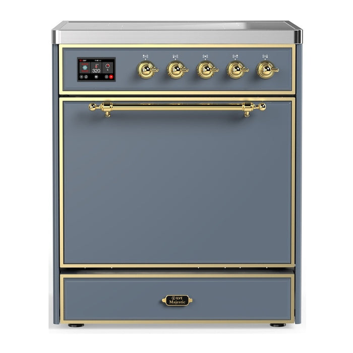 ILVE 30 Inch Majestic III Blue Grey Induction with 4 Elements and 4 Cu. Ft. Oven Capacity in Solid Door Brass