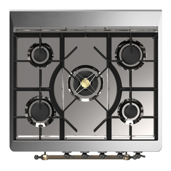 ILVE 30 Inch Majestic III Burgundy Dual Fuel Range with 5 Black Brass Burners, Dual Function Burner up to 25,000 BTU in Solid Door Cooktop