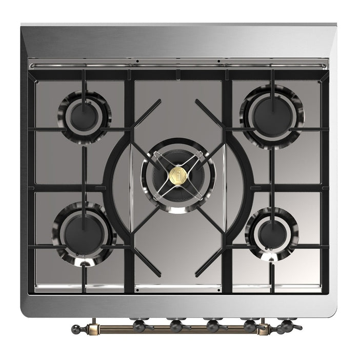 ILVE 30 Inch Majestic III Burgundy Dual Fuel Range with 5 Black Brass Burners, Dual Function Burner up to 25,000 BTU in Triple Glass Door Cooktop