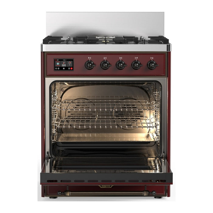 ILVE 30 Inch Majestic III Burgundy Dual Fuel Range with 5 Black Brass Burners, Dual Function Burner up to 25,000 BTU in Triple Glass Door Open