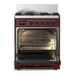 ILVE 30 Inch Majestic III Burgundy Dual Fuel Range with 5 Black Brass Burners, Dual Function Burner up to 25,000 BTU in Triple Glass Door Open