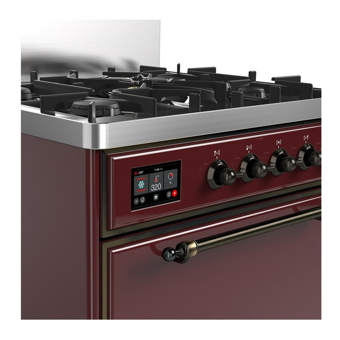 ILVE 30 Inch Majestic III Burgundy Dual Fuel Range with 5 Black Brass Burners, Dual Function Burner up to 25,000 BTU in Solid Door Side